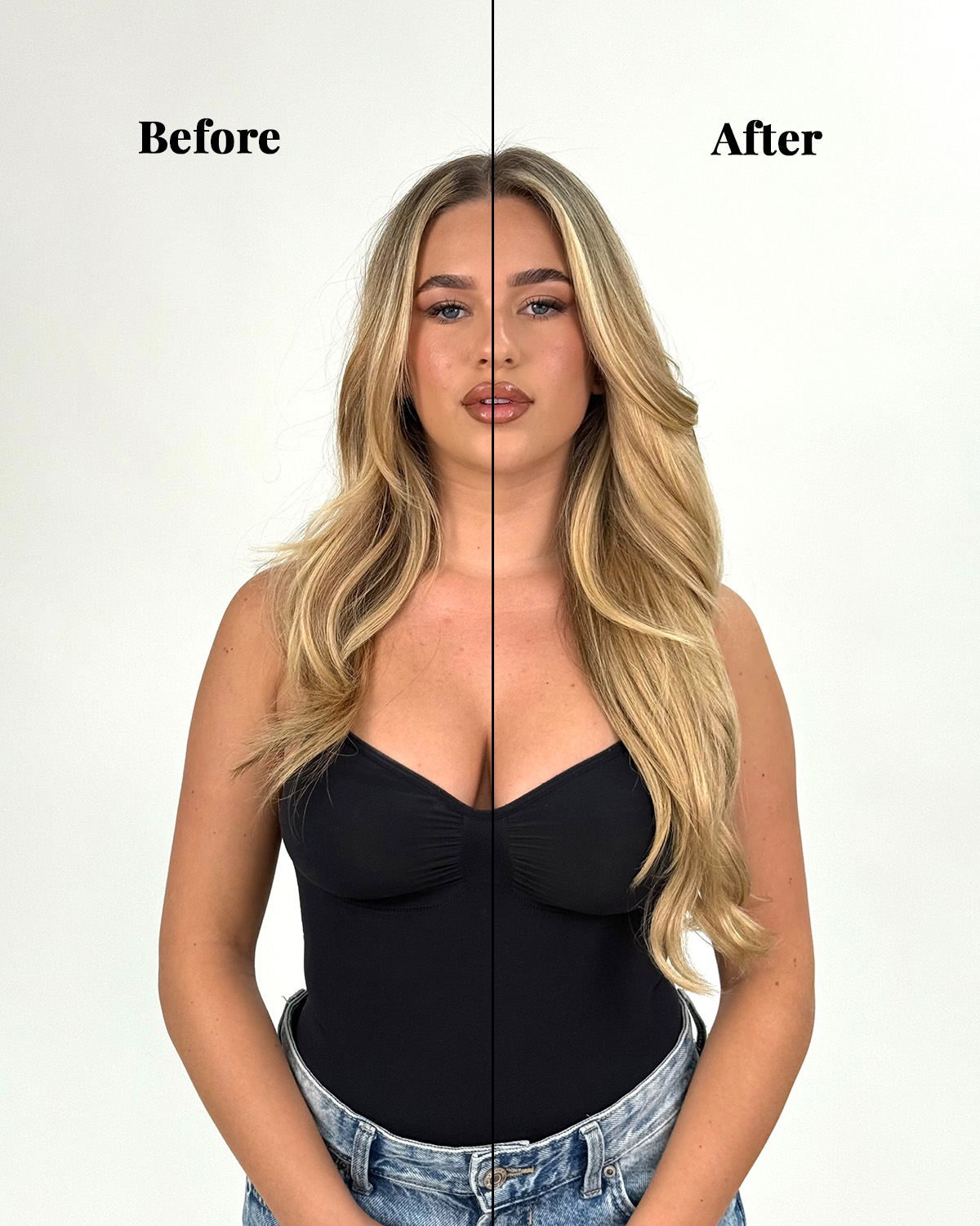 Voor en na resultaat met Seamless Clip-Ins in Caramel