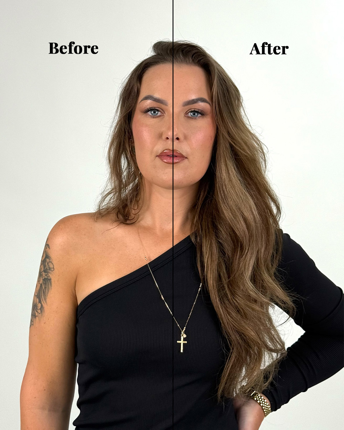 Voor en na resultaat met Seamless Clip-Ins in Mocca
